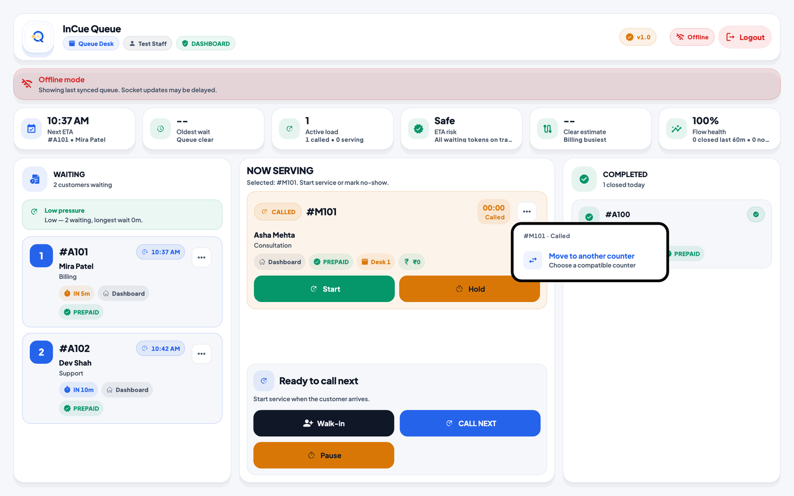 Queue Dashboard and action location